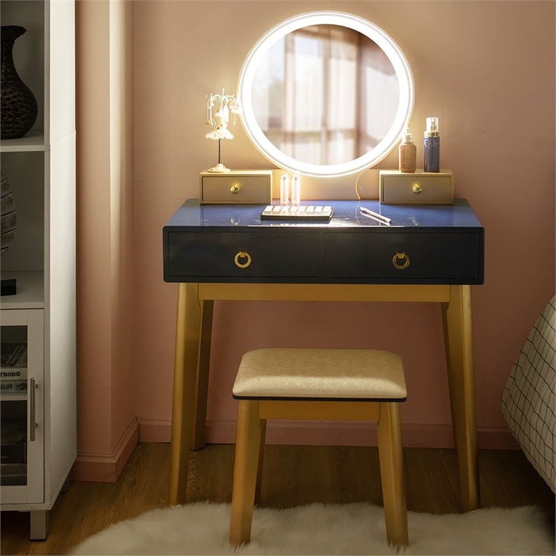 Pemberly Row MDF Vanity Makeup Dressing Set with Round LED Mirror in Navy Blue