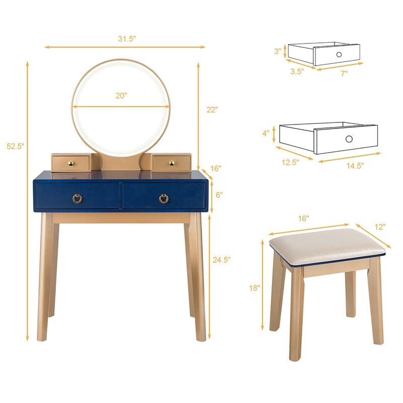 Pemberly Row MDF Vanity Makeup Dressing Set with Round LED Mirror in Navy Blue