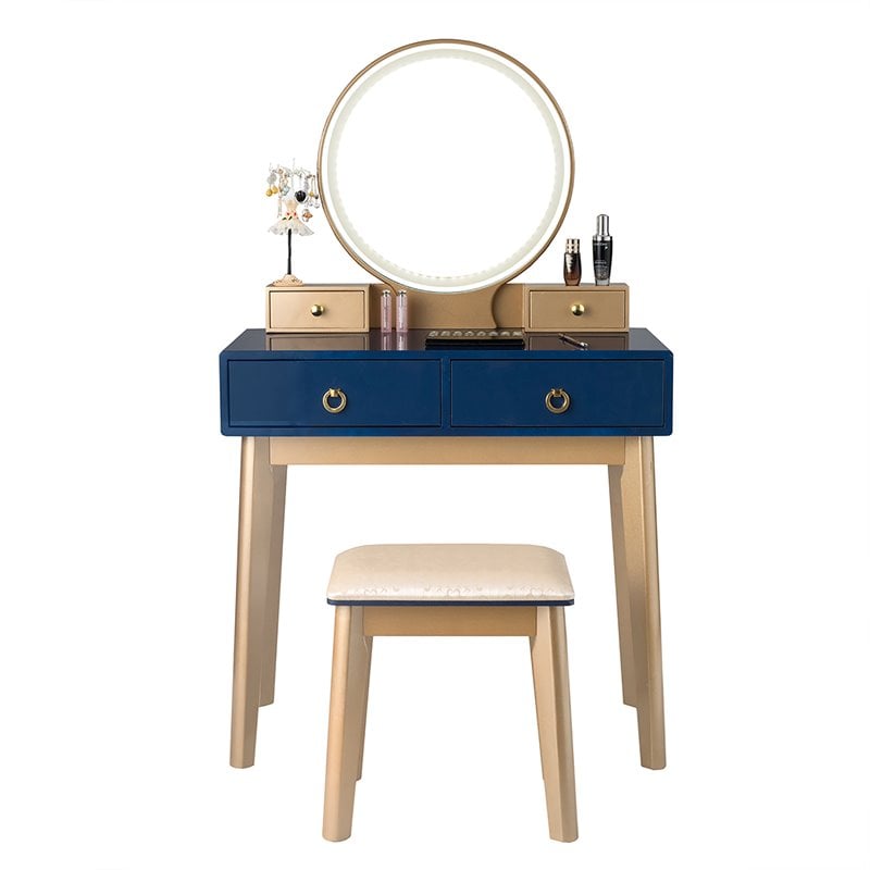 Pemberly Row MDF Vanity Makeup Dressing Set with Round LED Mirror in Navy Blue