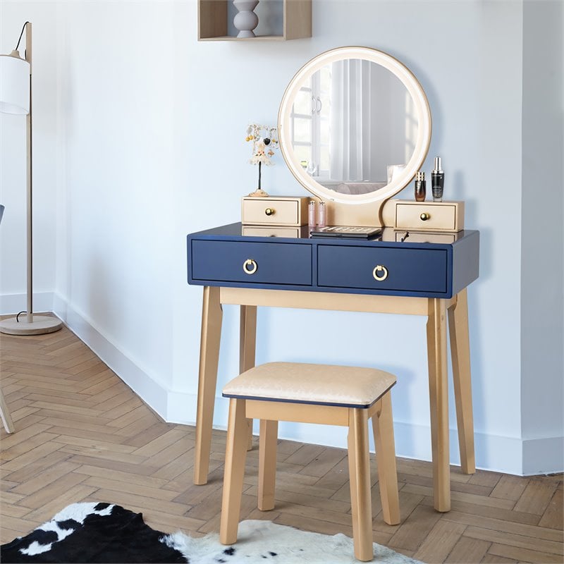Pemberly Row MDF Vanity Makeup Dressing Set with Round LED Mirror in Navy Blue