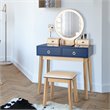 Pemberly Row MDF Vanity Makeup Dressing Set with Round LED Mirror in Navy Blue