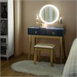 Pemberly Row MDF Vanity Makeup Dressing Set with Round LED Mirror in Navy Blue