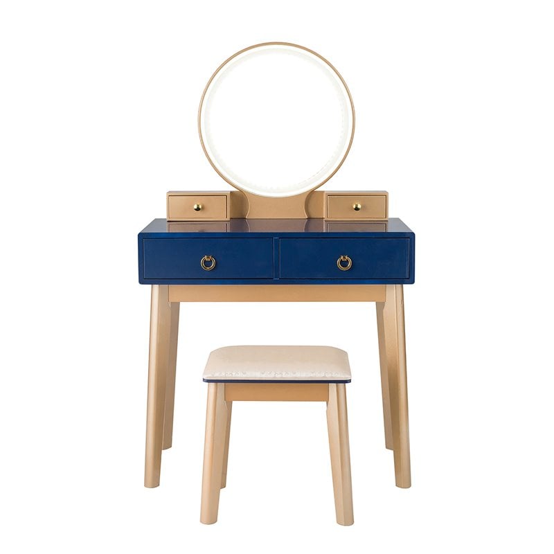 Pemberly Row MDF Vanity Makeup Dressing Set with Round LED Mirror in Navy Blue