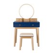 Pemberly Row MDF Vanity Makeup Dressing Set with Round LED Mirror in Navy Blue
