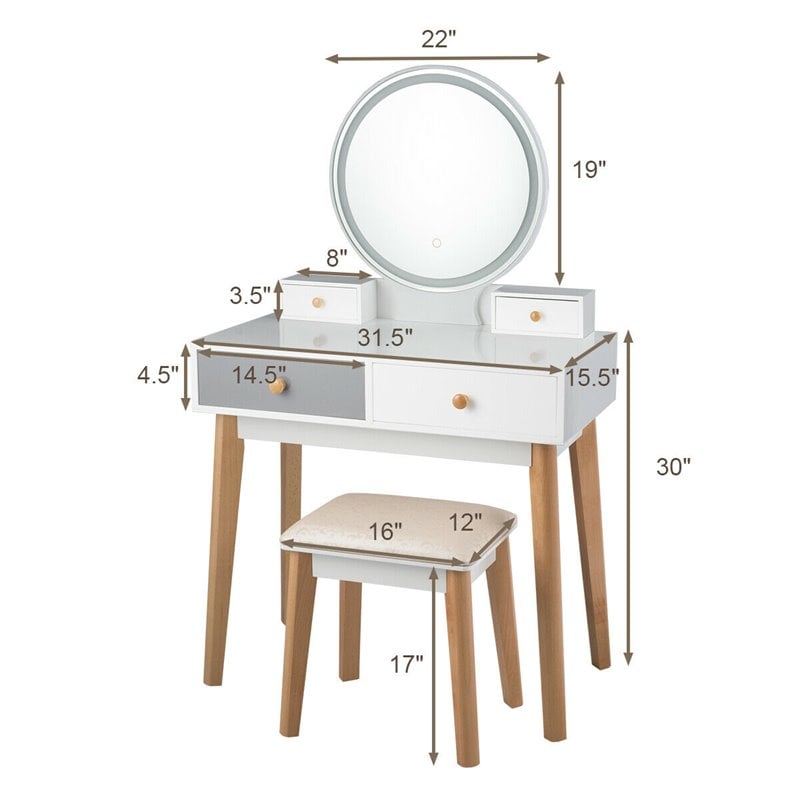Pemberly Row MDF and Beech Wood Vanity Table Set with Stool in White