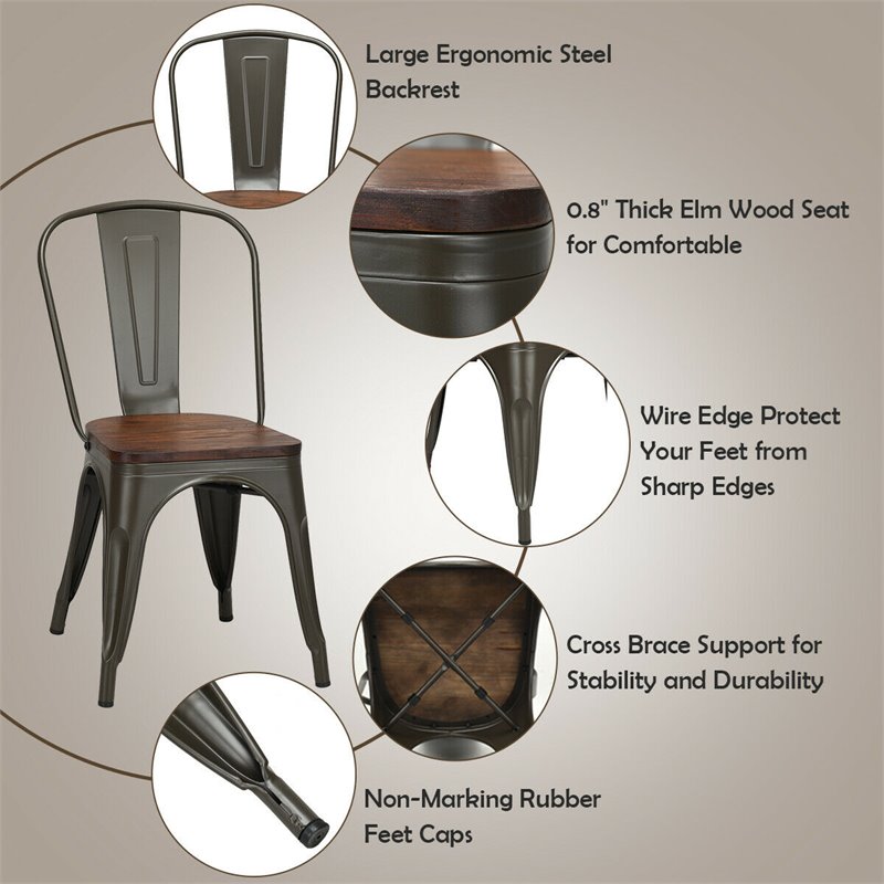 Pemberly Row Contemporary Metal and Elm Dining Side Chair in Brown (Set of 4)