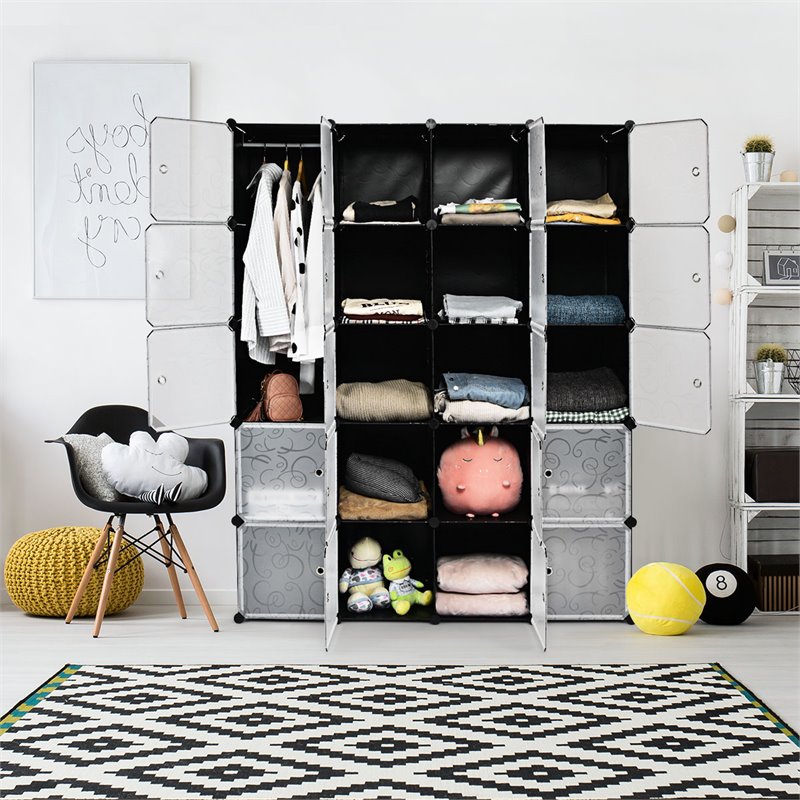 Pemberly Row 20-cube PP & ABS Portable Closet Storage Organizer w/ Doors - Black
