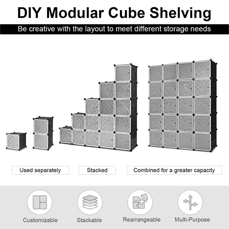 Pemberly Row 20-cube PP & ABS Portable Closet Storage Organizer w/ Doors - Black