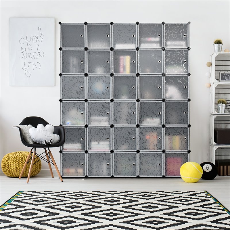 Pemberly Row 30-cube PP & ABS Portable Closet Storage Organizer w/ Doors - Black