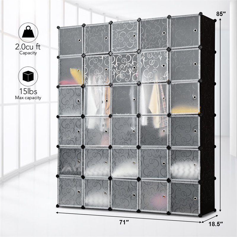 Pemberly Row 30-cube PP & ABS Portable Closet Storage Organizer w/ Doors - Black
