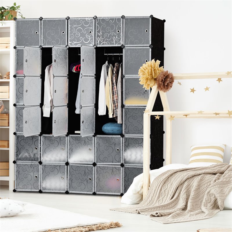 Pemberly Row 30-cube PP & ABS Portable Closet Storage Organizer w/ Doors - Black