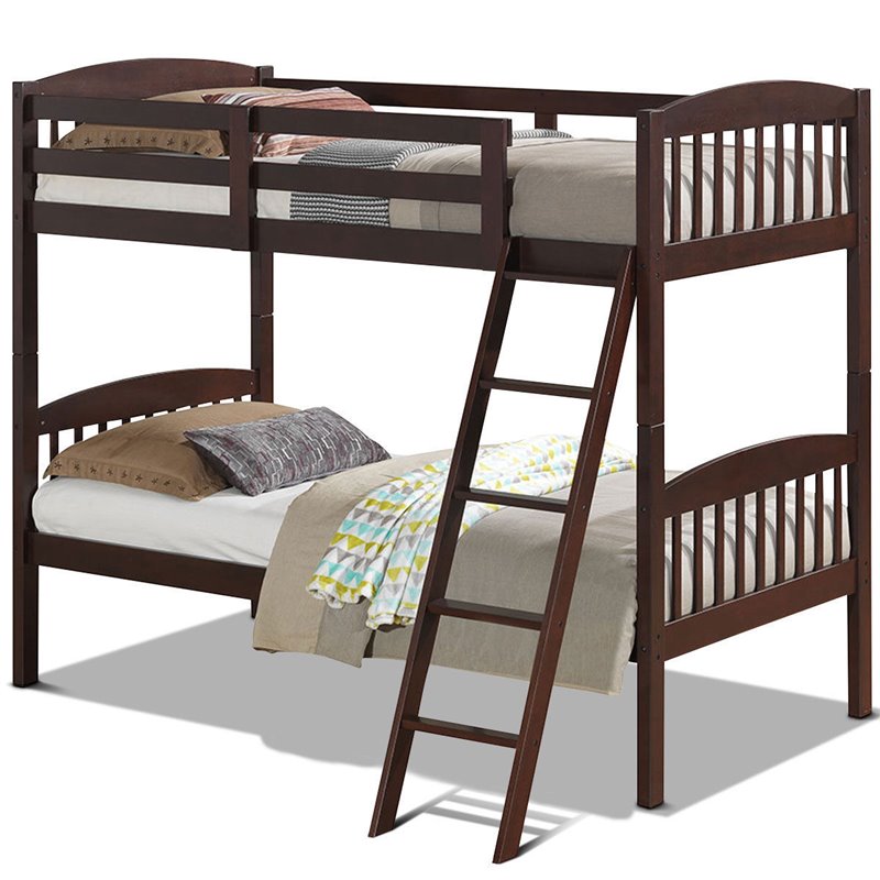 Pemberly Row Contemporary Solid Rubber Wood Twin Bunk Bed in Espresso