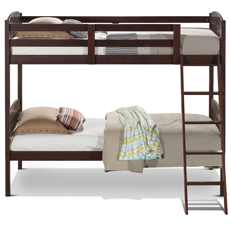 Pemberly Row Contemporary Solid Rubber Wood Twin Bunk Bed in Espresso