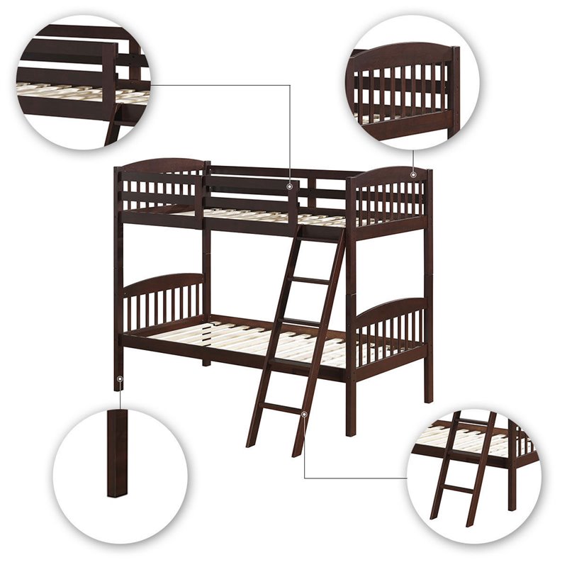 Pemberly Row Contemporary Solid Rubber Wood Twin Bunk Bed in Espresso