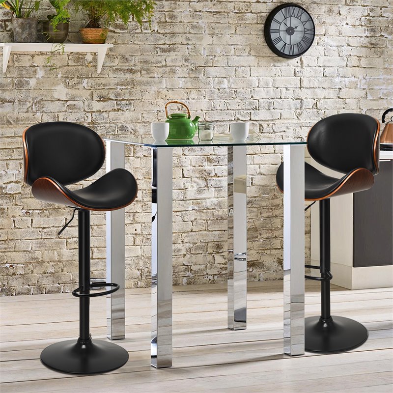 Pemberly Row Metal Swivel Barstools w/ Leather Curved Back in Black (Set of 2)