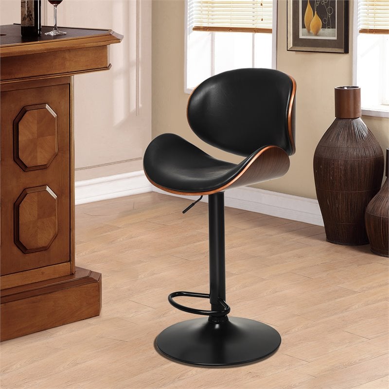 Pemberly Row Metal Swivel Barstools w/ Leather Curved Back in Black (Set of 2)