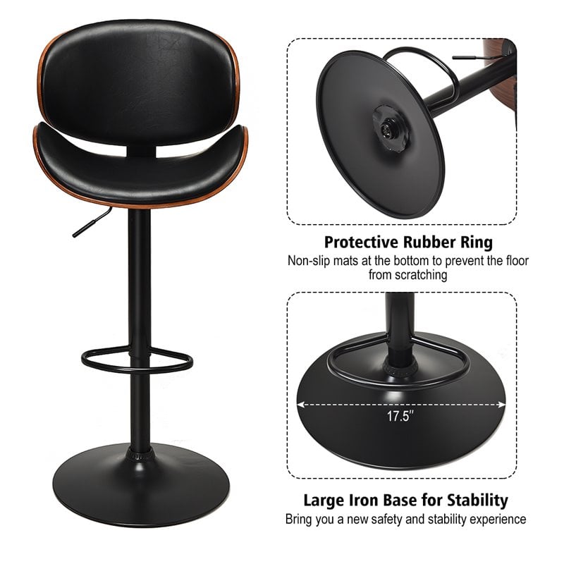 Pemberly Row Metal Swivel Barstools w/ Leather Curved Back in Black (Set of 2)