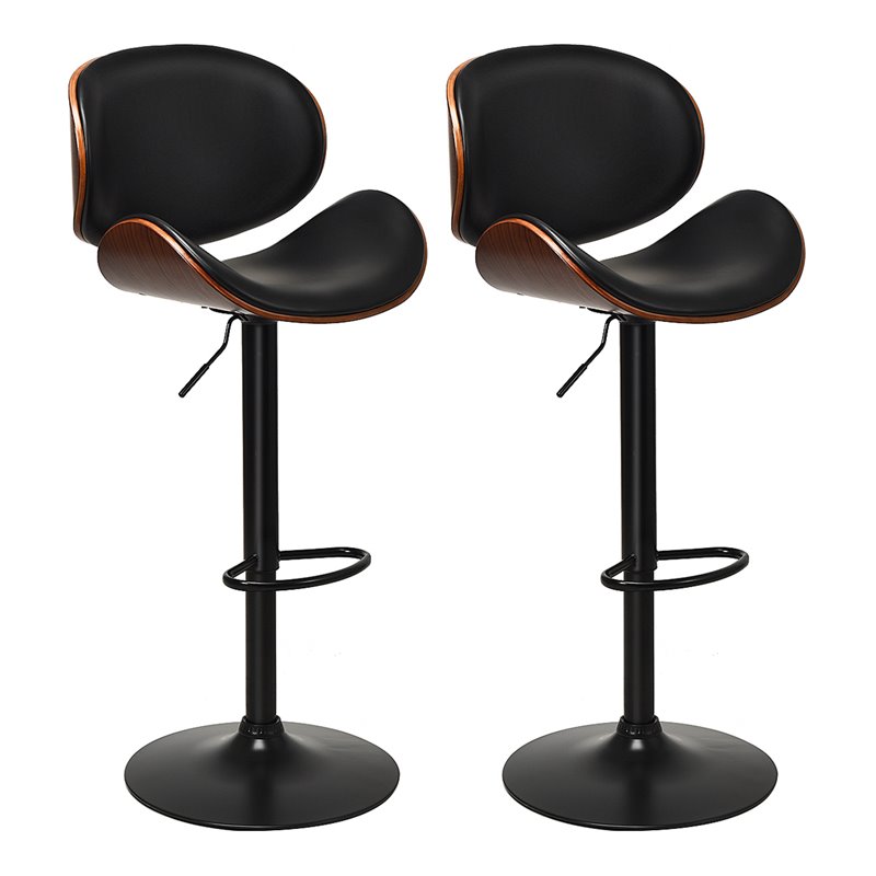 Pemberly Row Metal Swivel Barstools w/ Leather Curved Back in Black (Set of 2)