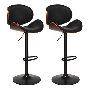 Pemberly Row Metal Swivel Barstools w/ Leather Curved Back in Black (Set of 2)