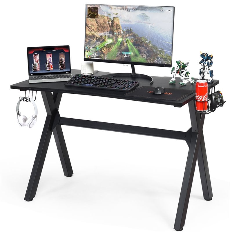 Pemberly Row Contemporary MDF and Steel Computer Desk with Cup Holder in Black