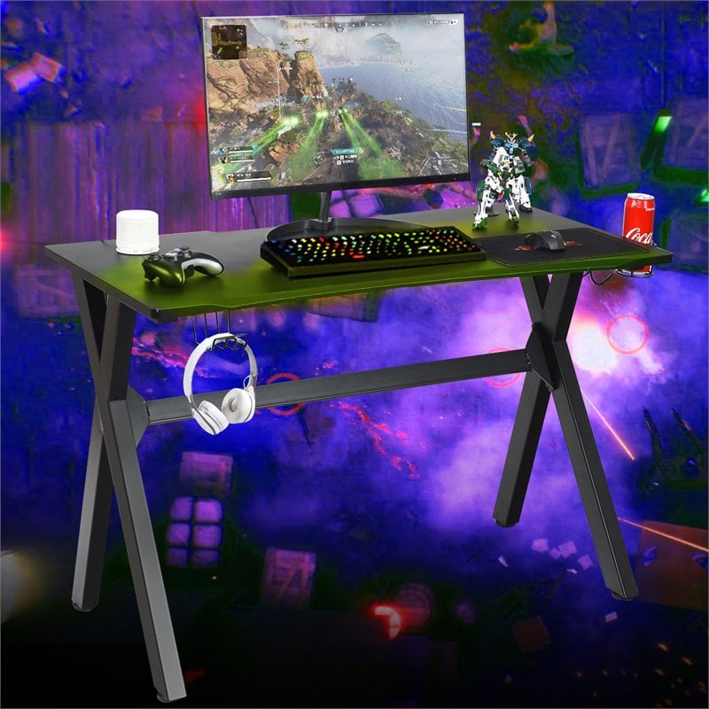 Pemberly Row Contemporary MDF and Steel Computer Desk with Cup Holder in Black