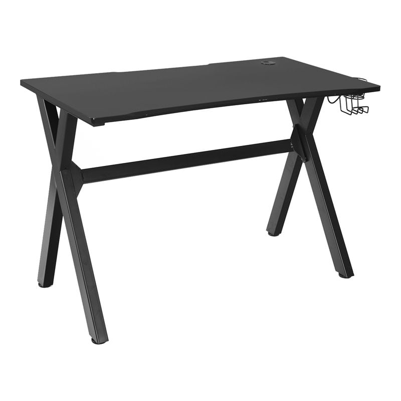 Pemberly Row Contemporary MDF and Steel Computer Desk with Cup Holder in Black