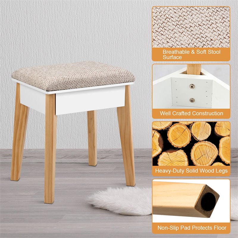 Pemberly Row Contemporary MDF and Wood Makeup Vanity Set in White and Natural
