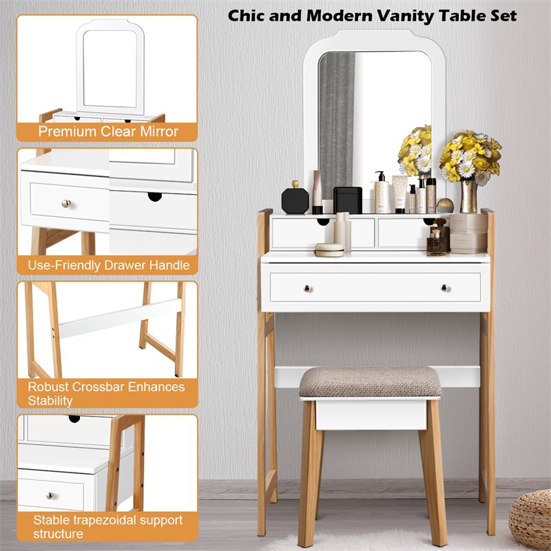 Pemberly Row Contemporary MDF and Wood Makeup Vanity Set in White and Natural