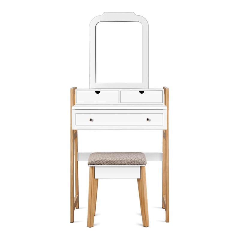 Pemberly Row Contemporary MDF and Wood Makeup Vanity Set in White and Natural