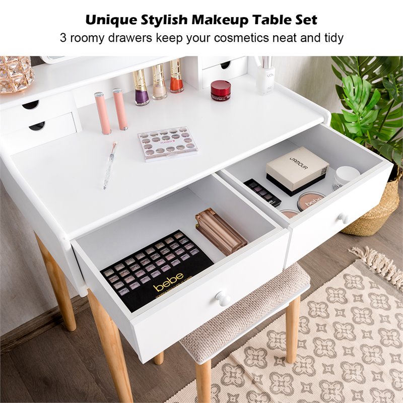 Pemberly Row MDF and Pine Wood Vanity Table Set with Cushioned Stool in White