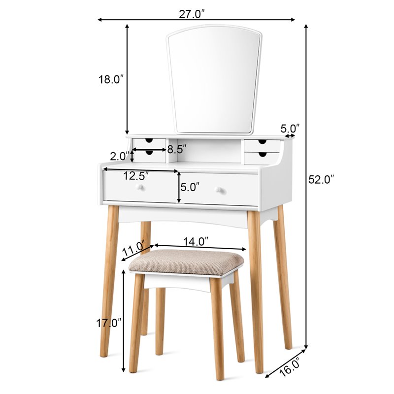 Pemberly Row MDF and Pine Wood Vanity Table Set with Cushioned Stool in White