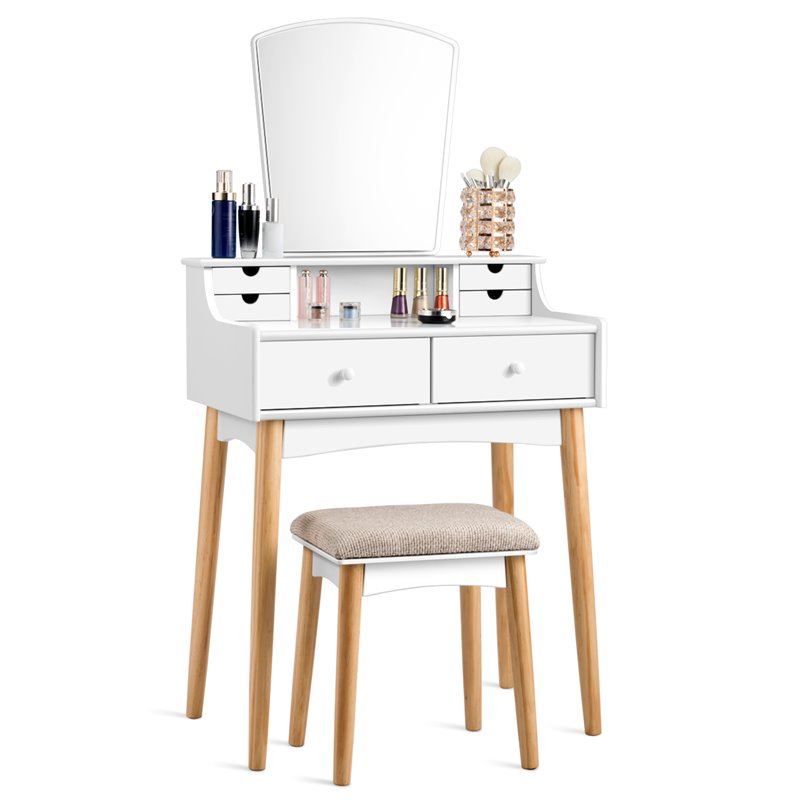Pemberly Row MDF and Pine Wood Vanity Table Set with Cushioned Stool in White