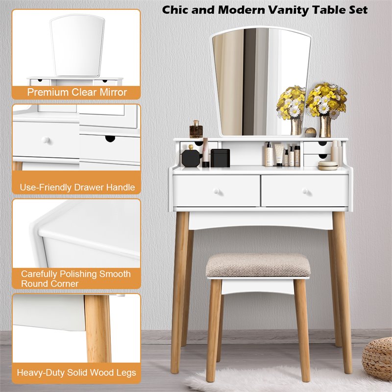 Pemberly Row MDF and Pine Wood Vanity Table Set with Cushioned Stool in White