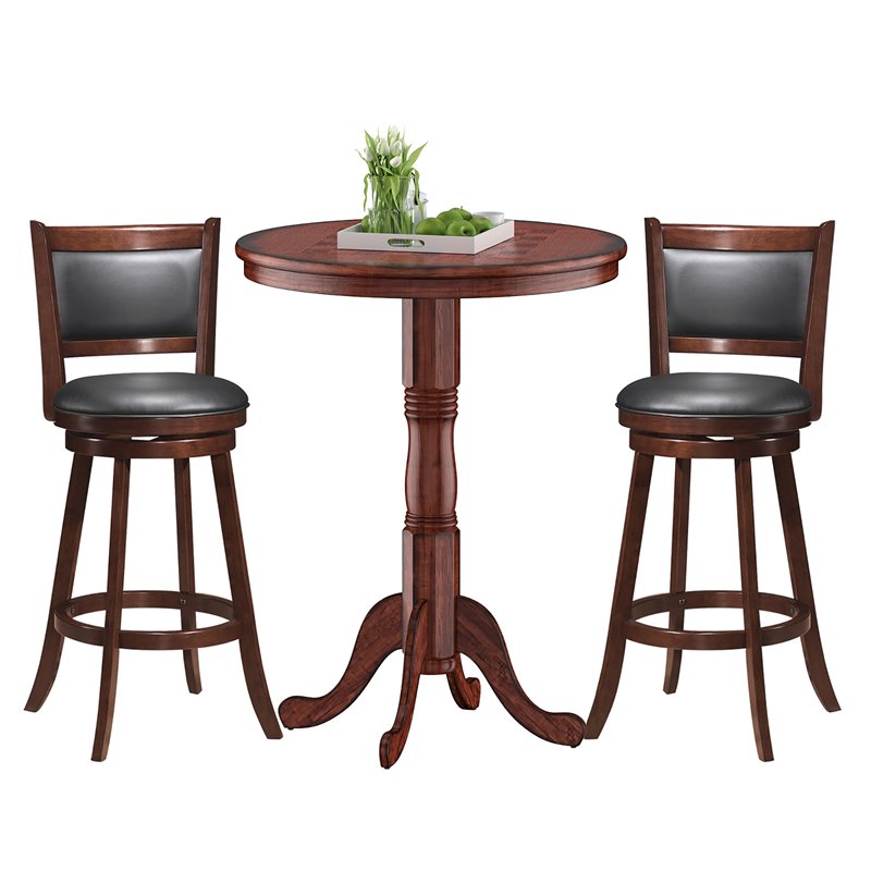 Pemberly Row 3-Pc MDF Pub Set w/ Round Bar Height Table & 2 Bar Stools in Brown