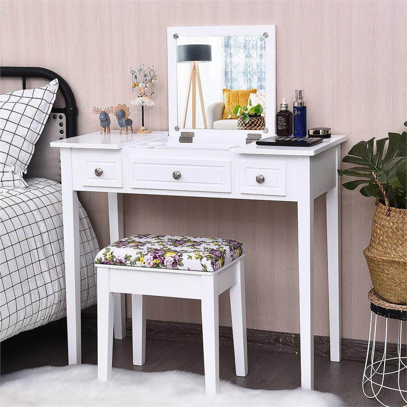 Pemberly Row MDF and Wood Vanity Dressing Table Set with 7 Compartments in White