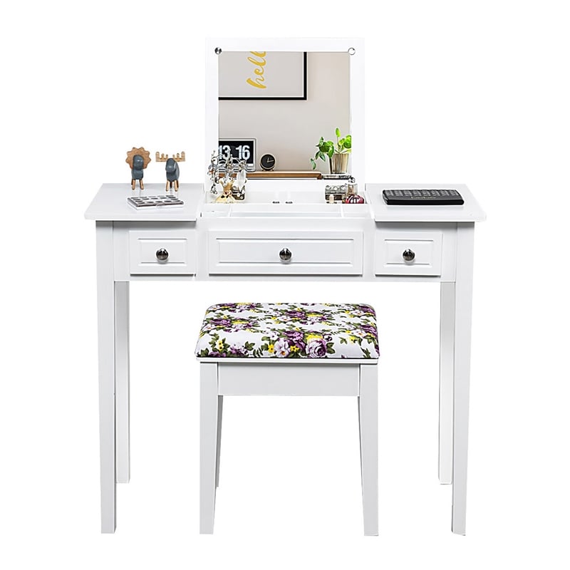 Pemberly Row MDF and Wood Vanity Dressing Table Set with 7 Compartments in White