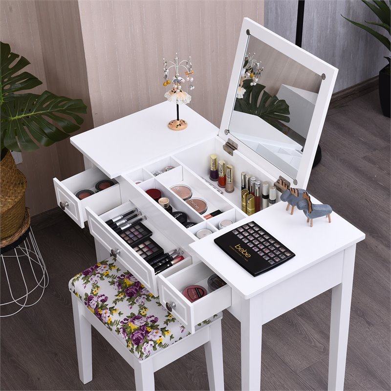 Pemberly Row MDF and Wood Vanity Dressing Table Set with 7 Compartments in White