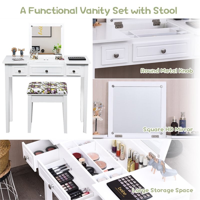 Pemberly Row MDF and Wood Vanity Dressing Table Set with 7 Compartments in White