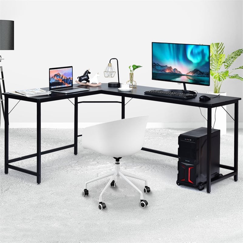 Pemberly Row Iron L-Shaped Corner Computer Desk w/ Adjustable Leg Pads in Black
