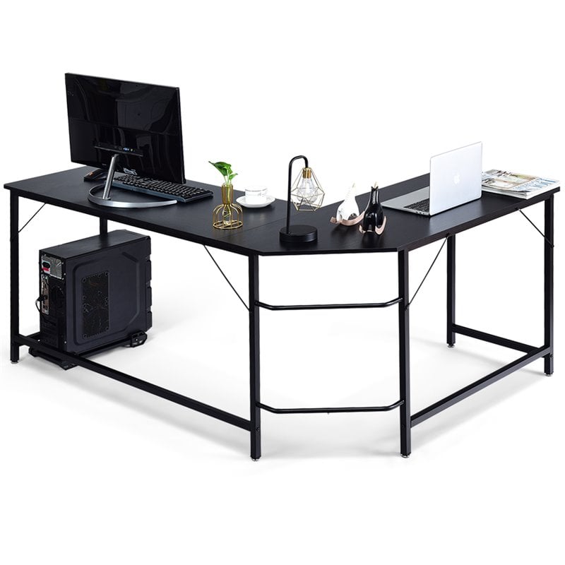 Pemberly Row Iron L-Shaped Corner Computer Desk w/ Adjustable Leg Pads in Black