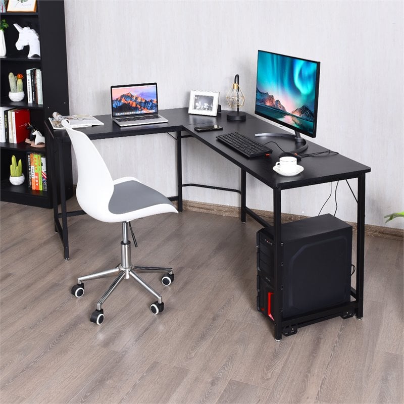 Pemberly Row Iron L-Shaped Corner Computer Desk w/ Adjustable Leg Pads in Black