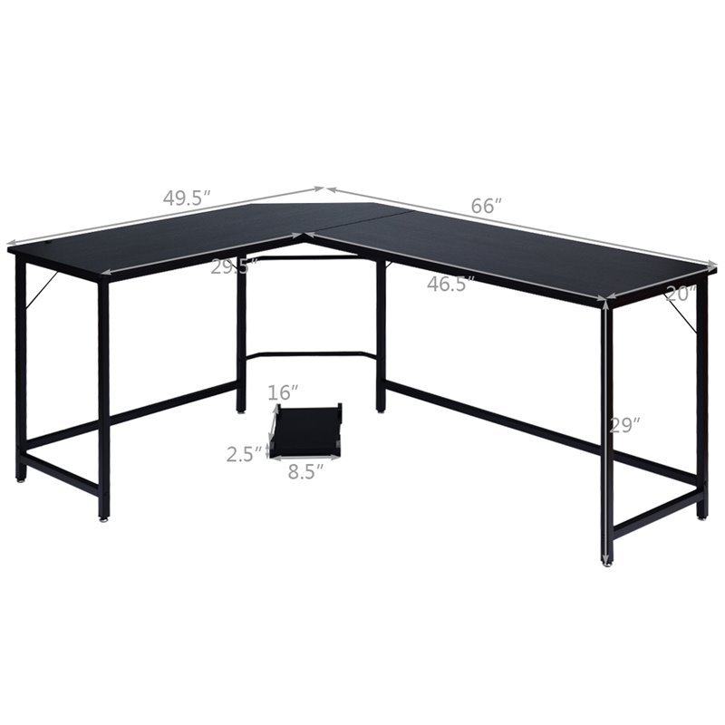 Pemberly Row Iron L-Shaped Corner Computer Desk w/ Adjustable Leg Pads in Black