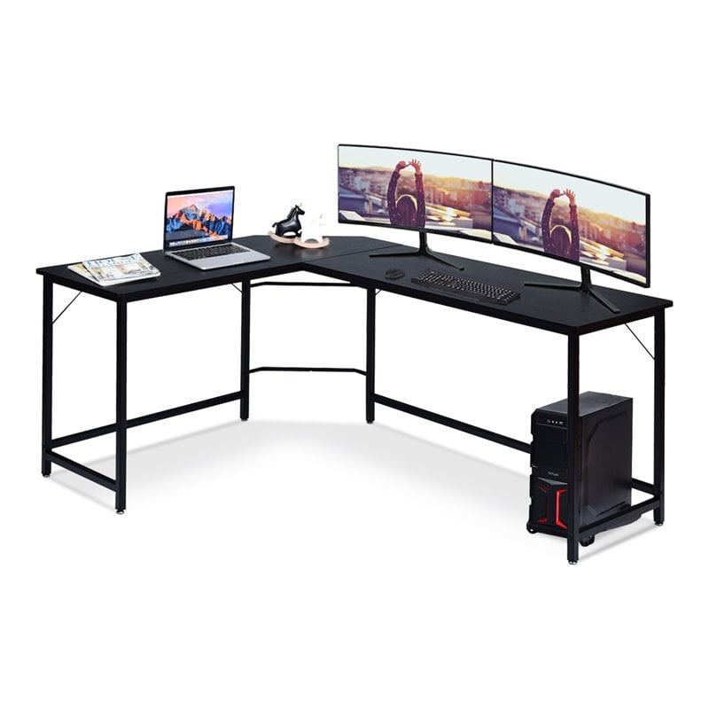 Pemberly Row Iron L-Shaped Corner Computer Desk w/ Adjustable Leg Pads in Black
