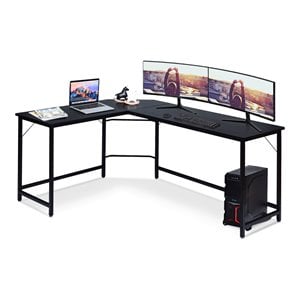 Pemberly Row Iron L-Shaped Corner Computer Desk w/ Adjustable Leg Pads in Black