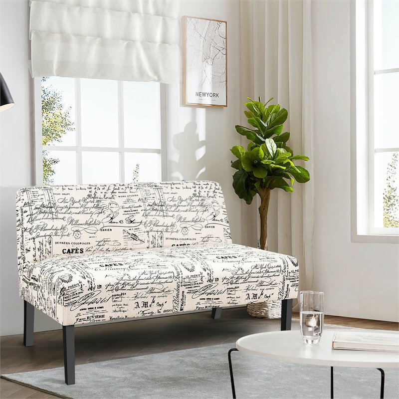 Pemberly Row Contemporary Wood and Sponge Armless Loveseat Sofa in Beige/Black