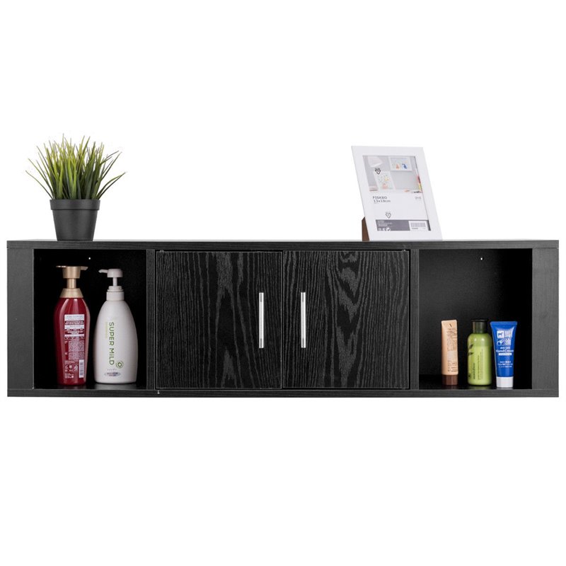 Pemberly Row Particle Board Wall Mounted Floating Hutch with 2 Doors in Black