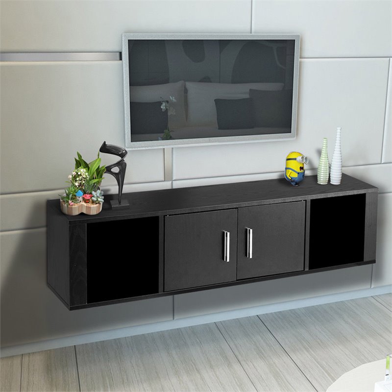 Pemberly Row Particle Board Wall Mounted Floating Hutch with 2 Doors in Black
