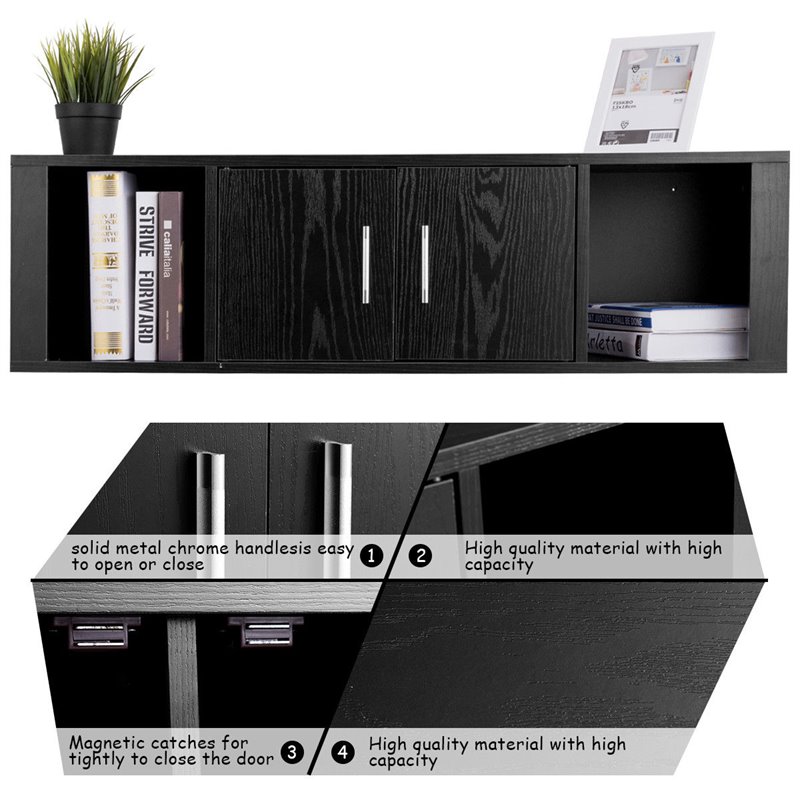 Pemberly Row Particle Board Wall Mounted Floating Hutch with 2 Doors in Black