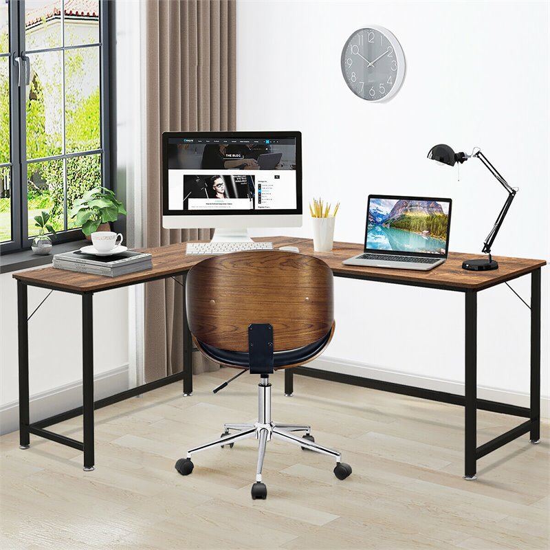 Pemberly Row Iron L-Shaped Corner Computer Desk w/ Adjustable Leg Pads in Brown