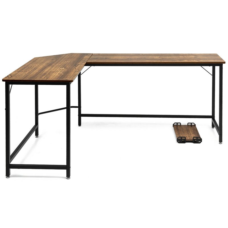 Pemberly Row Iron L-Shaped Corner Computer Desk w/ Adjustable Leg Pads in Brown